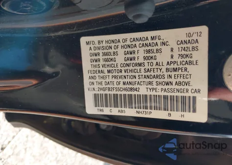 2012 Honda Civic Lx из США, поврежденный, VIN 2HGFB2F55CH608942